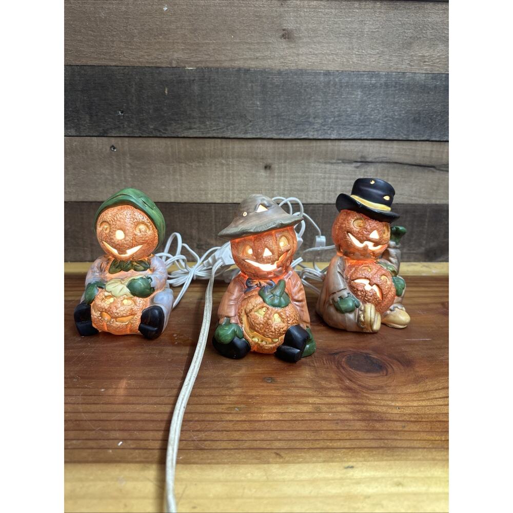 Vintage Brinn’s Ceramic Halloween Jack O Lantern Light Set Of 3 Mr. Pumpkin-box